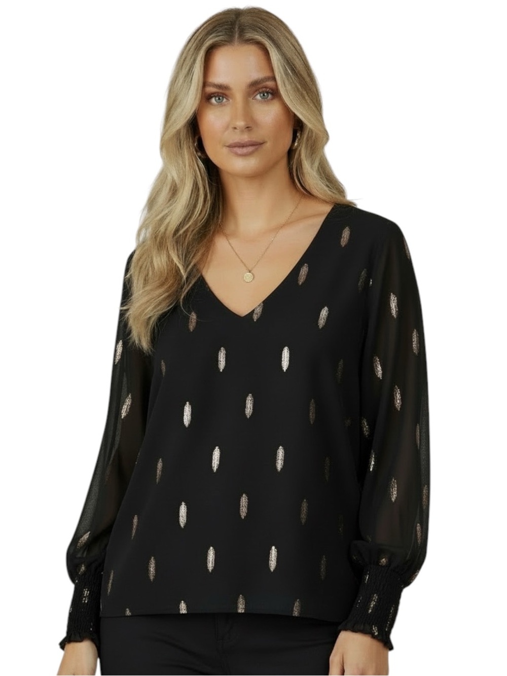 1. STATE Black Metallic Leaf V-Neck Long Elastic Sleeve Blouse Size Large